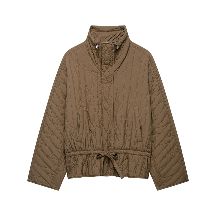 Women's short padded jacket with high stand collar, drawstring waist and oversized sleeves Mune Fashion