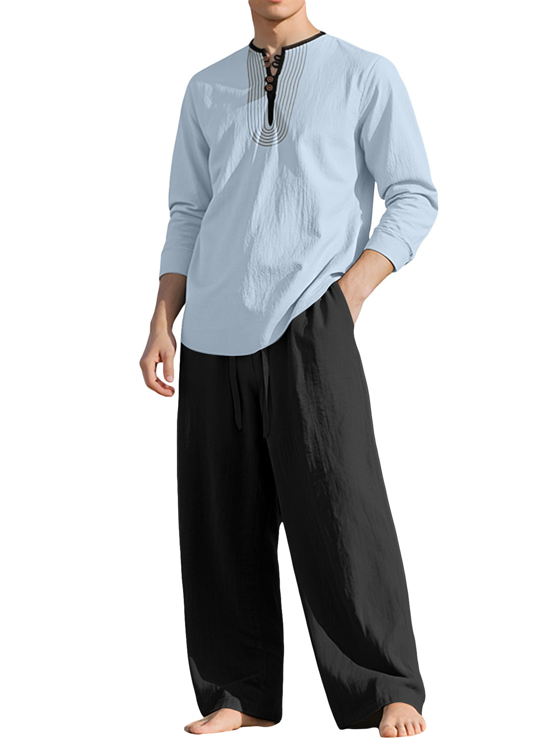 Men's tunic and Palazzo pants set with Henley placket, decorative embroidery and wide cut Mune Fashion