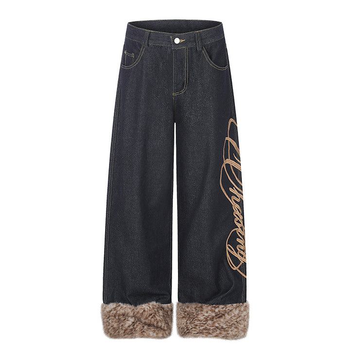 Women's denim palazzo pants with high waist, wide leg, side logo embroidery, and faux fur cuffs.
