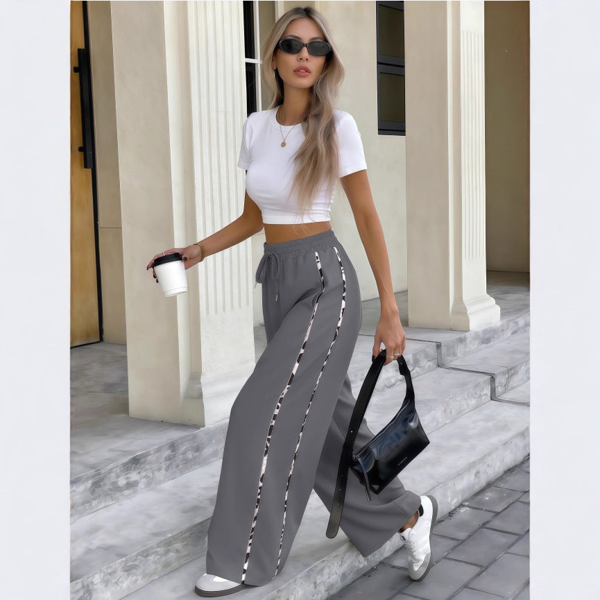Women's Wide High-Waist Lounge Pants with Drawstring and Contrasting Side Stripes Mune Fashion