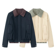 Women's short cut bomber jacket with checked lining, concealed front placket and patch pockets Mune Fashion
