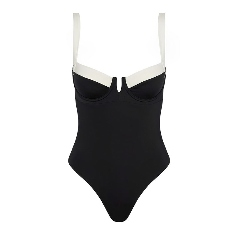 Women's Elegant One-Piece Swimsuit with Deep V-Neck and Wide Straps Mune Fashion