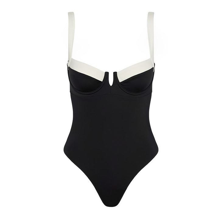 Women's Elegant One-Piece Swimsuit with Deep V-Neck and Wide Straps Mune Fashion