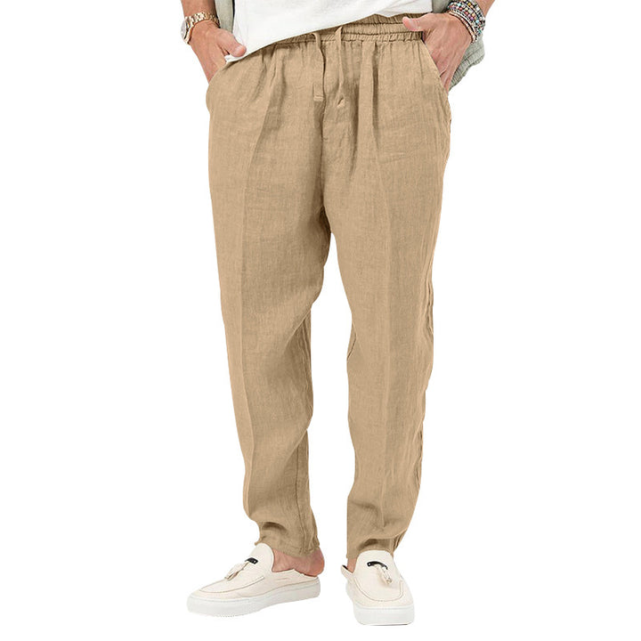Men's linen jog pants with elastic tunnel drawstring waistband and tapered leg Mune Fashion