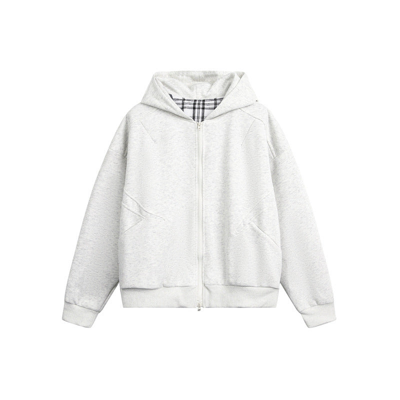 Unisex Hooded Sweat Jacket with Two-Way Zipper and Checkered Hood Lining Mune Fashion
