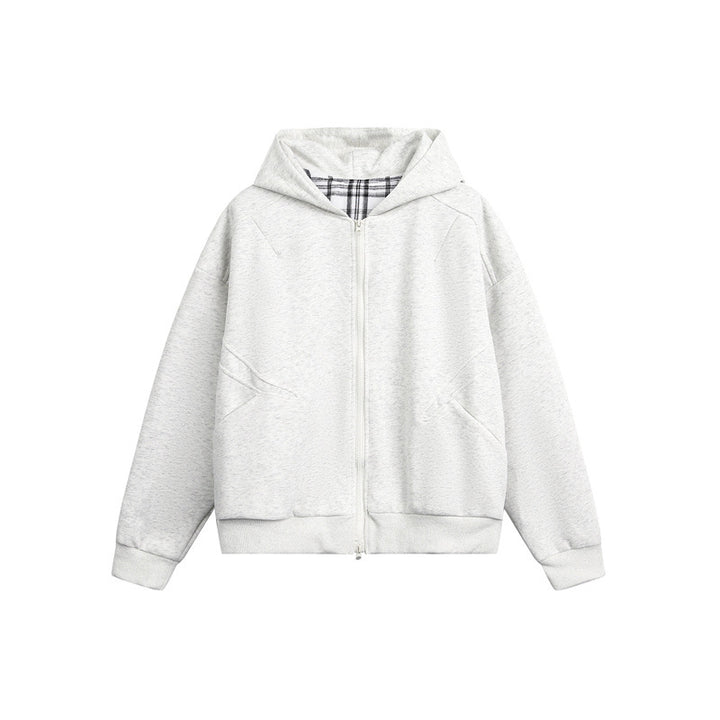 Unisex Hooded Sweat Jacket with Two-Way Zipper and Checkered Hood Lining Mune Fashion