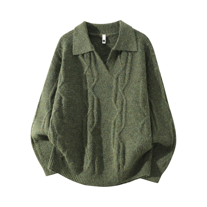 Women Oversize Mohair-Optic Cable Knit Sweater with Polo Collar and V-Neck Mune Fashion