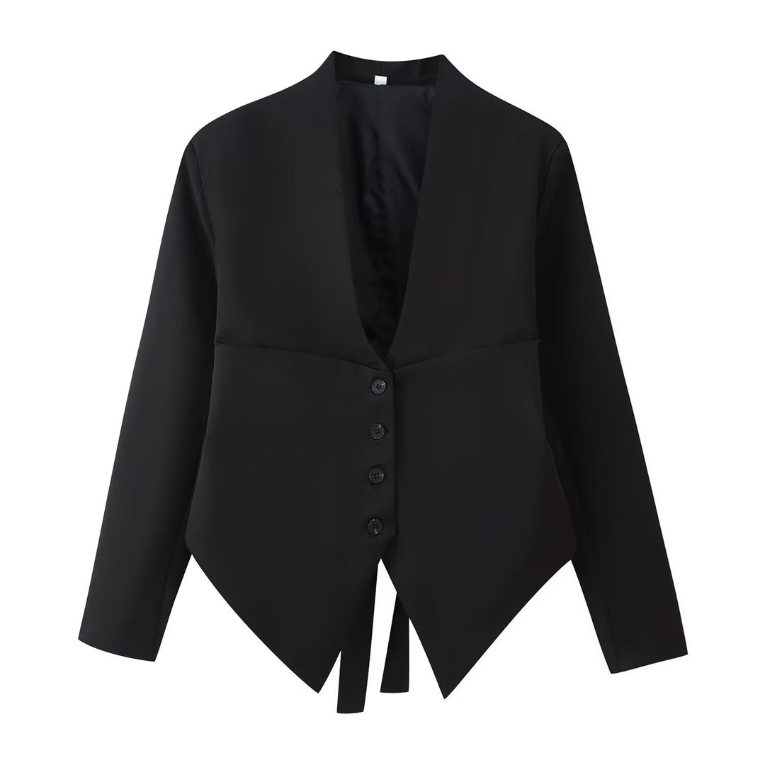 Women tailored blazer jacket with shawl collar, asymmetrical pointed hem and button closure Mune Fashion