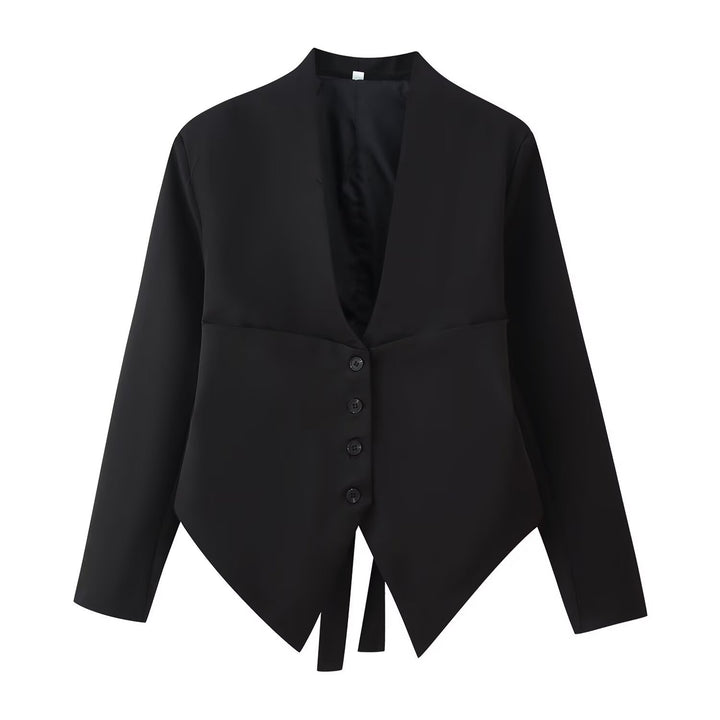 Women tailored blazer jacket with shawl collar, asymmetrical pointed hem and button closure Mune Fashion