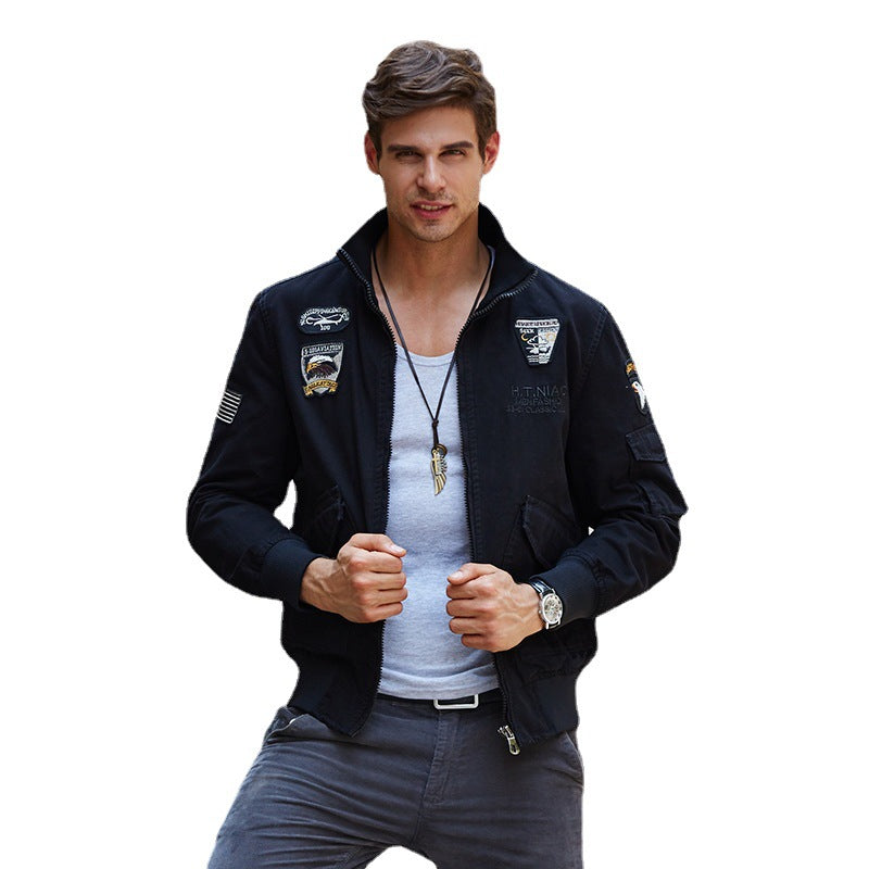 Men's short-cut bomber jacket made of canvas with emblem patches and arm pocket Mune Fashion