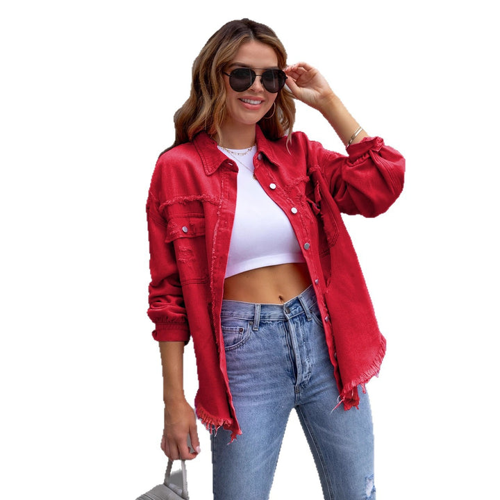 Women's oversized utility denim shirt jacket with fringe trim and patch pockets Mune Fashion