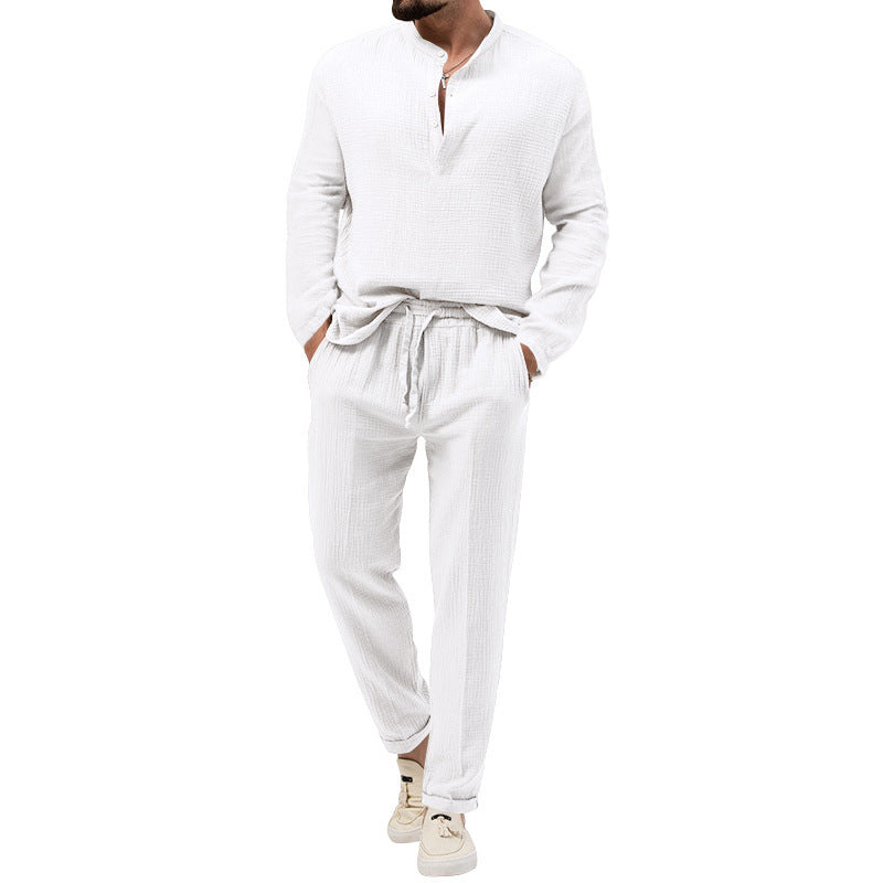 Men's Casual Two-Piece Lounge Set made of Cotton Gauze with Henley Top and Drawstring Pants Mune Fashion