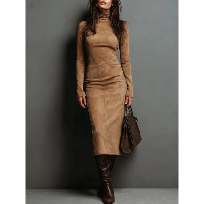 Women's Fitted Midi Dress in Velvet Look with Roll Neck and Tailored Silhouette Mune Fashion