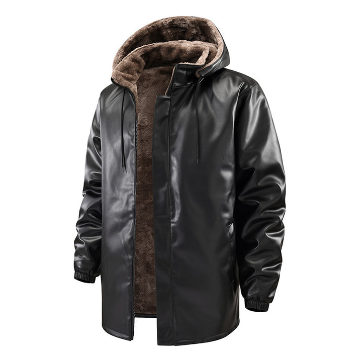 Men's Faux Leather Parka with Teddy Lining, Hood & Concealed Zipper Mune Fashion