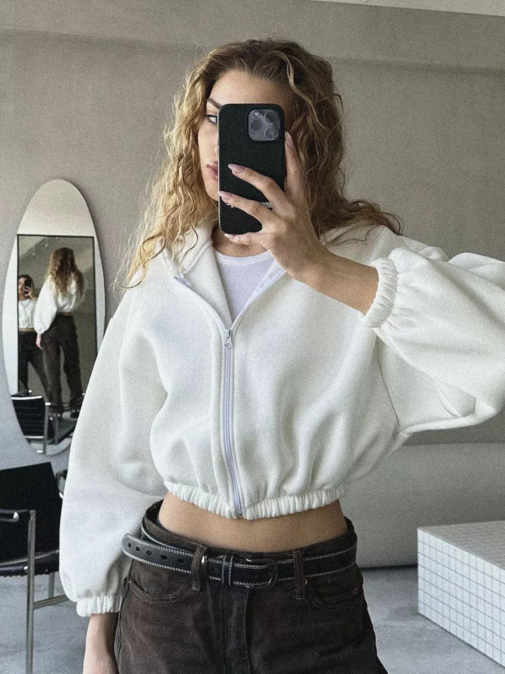 Women's oversized hooded jacket short cut with elastic hem and balloon sleeves Mune Fashion