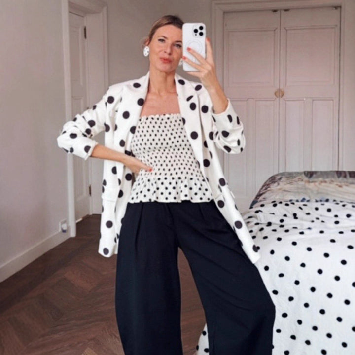 Women Polka Dot Long Blazer with Structured Shoulder and Oversized Cut Mune Fashion
