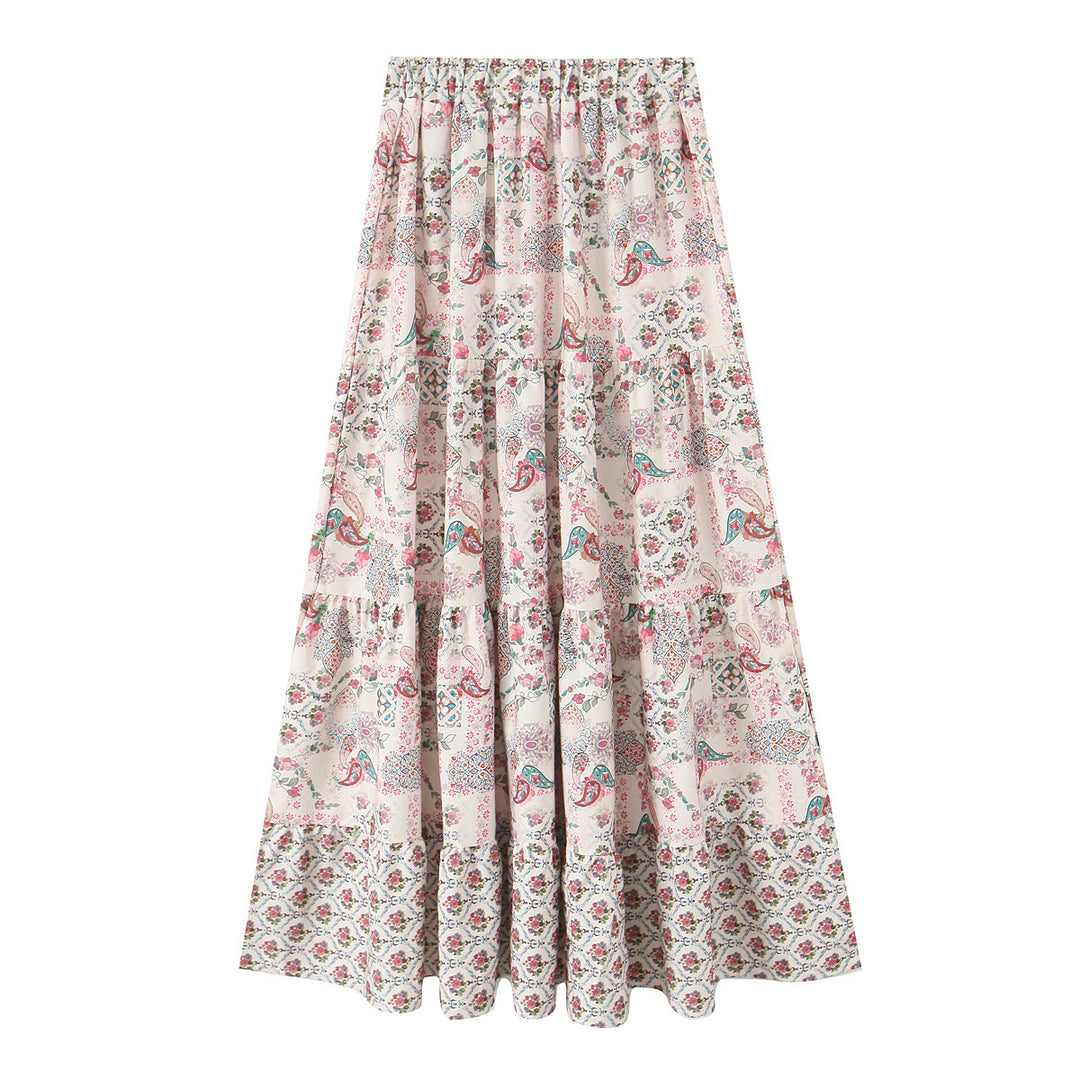 Women's Long Tiered Skirt with Floral Allover Print, Elastic Waistband and Ruffled Panels Mune Fashion