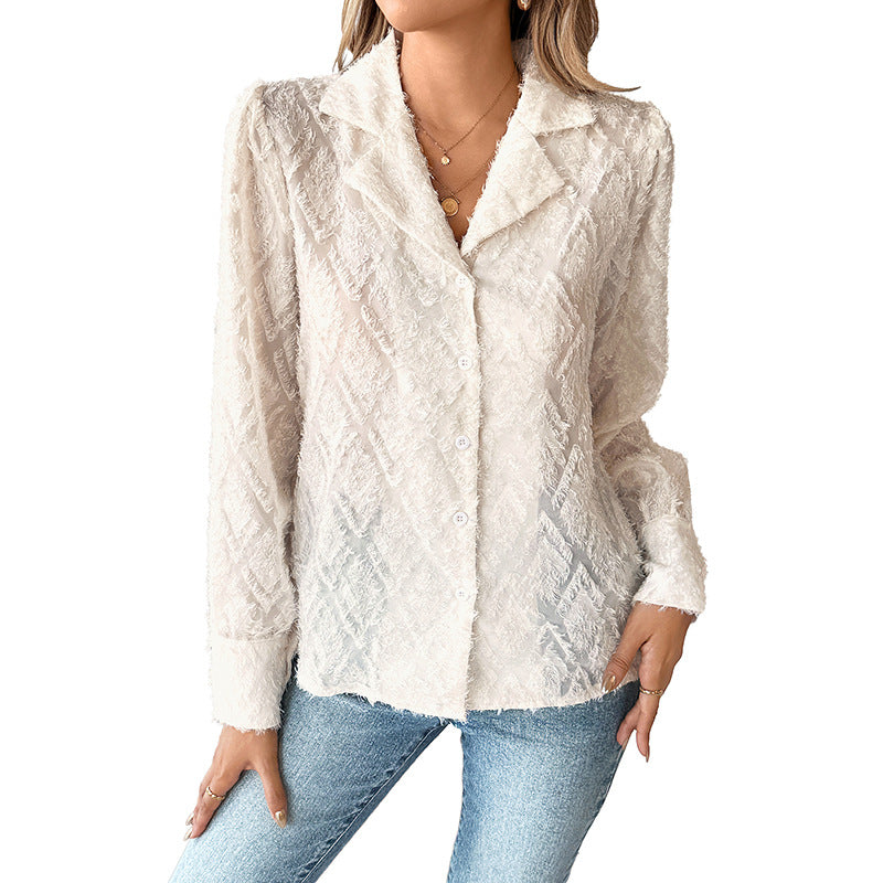 Women's Textured Chiffon Blouse with Lapel Collar and Textured Pattern Mune Fashion