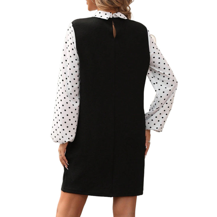 Women’s Contrast Blouse Dress with Puffed Polka Dot Sleeves and Shirt Collar Mune Fashion