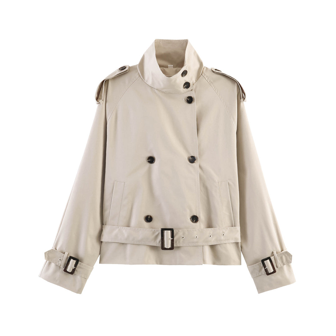 Women's cropped trench coat with standing collar double button placket and waist belt Mune Fashion