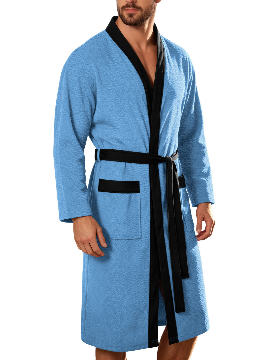 Men's lightweight cotton kimono bathrobe with waffle texture and patch pockets Mune Fashion