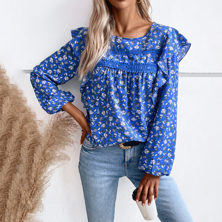 Women's romantic shirt blouse with lace trim, ruffle sleeves, and loose tunic silhouette Mune Fashion