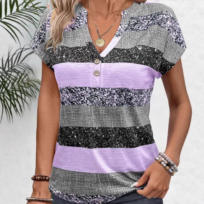 Women's loose short sleeve tunic top with V-neck decorative button placket and rounded hem Mune Fashion