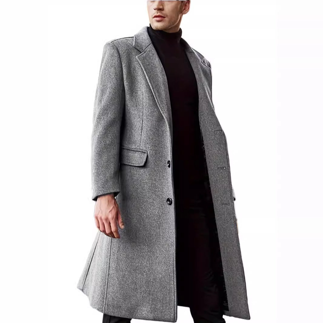 Men's Elegant Long Wool Blend Coat with Slim Silhouette and Classic Lapel Mune Fashion