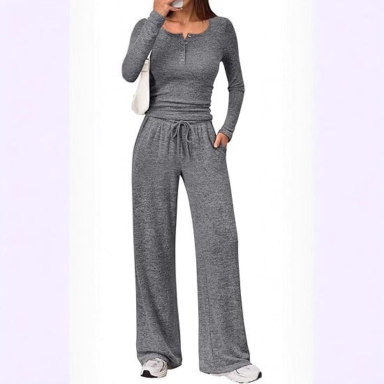 Women's Two-Piece Fine Knit Lounge Set with Henley Top and Palazzo Pants Mune Fashion