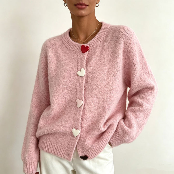 Women Fluffy Short Cardigan with Heart Button Placket and Raglan Sleeves Mune Fashion