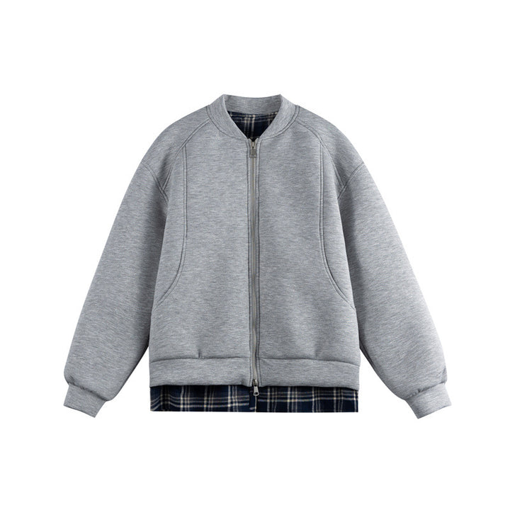 Women Two-in-One Bomber Sweat Jacket with Check Layer Insert and Stand Collar Mune Fashion