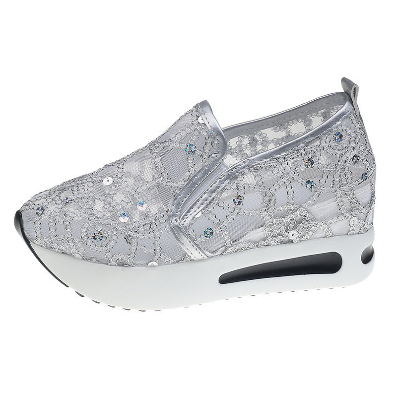 Women's Elegant Wedge Slippers with Transparent Mesh, Sequin Embroidery and Cushioning Platform Sole Mune Fashion