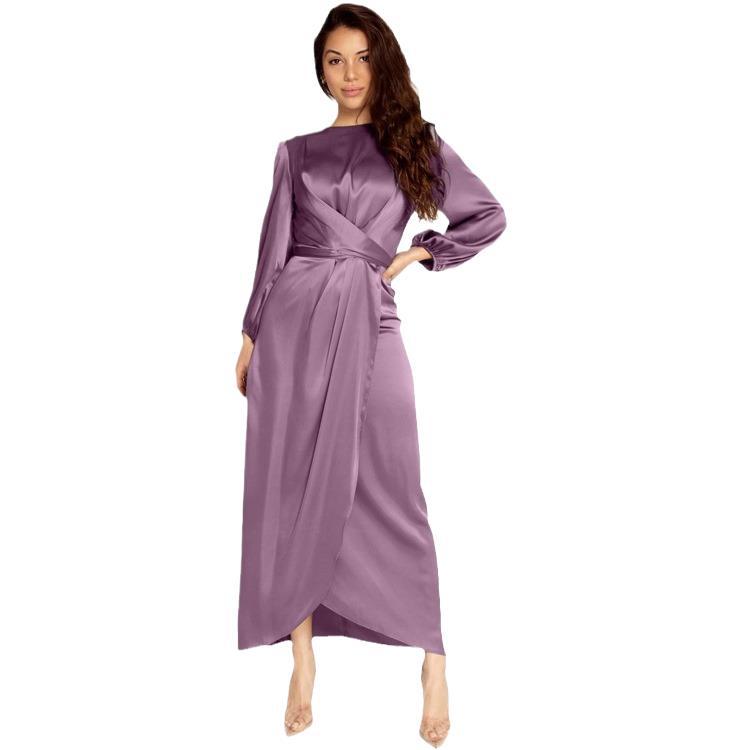 Ladies Elegant Maxi Dress in Satin with Wrap Detail, Long Sleeve and Waistband Mune Fashion