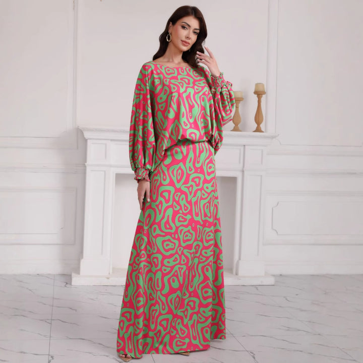 Women's Two-Piece Maxi Skirt Set with Wide A-Line Skirt & Balloon-Sleeved Oversized Top Mune Fashion