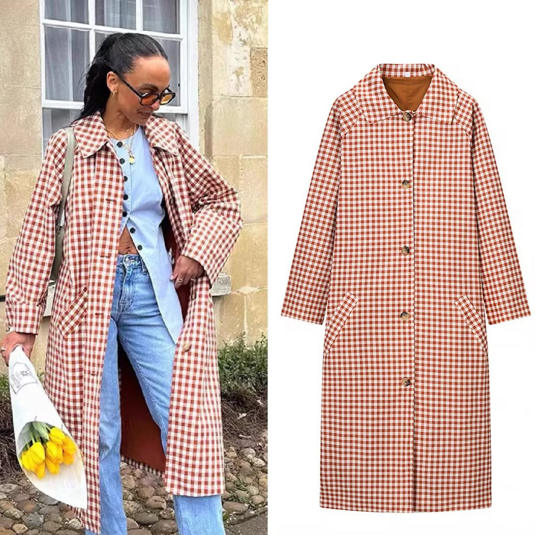 Women Long Cut Plaid Coat with Shirt Collar and Full Button Placket Mune Fashion