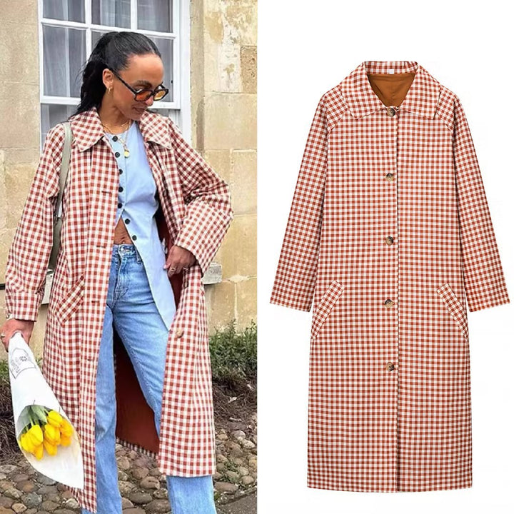 Women Long Cut Plaid Coat with Shirt Collar and Full Button Placket Mune Fashion