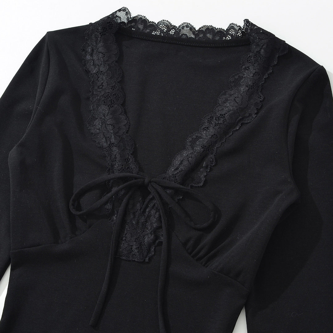 Women's Long Sleeve Shirt with Lace V-Neck and Tie Band Mune Fashion