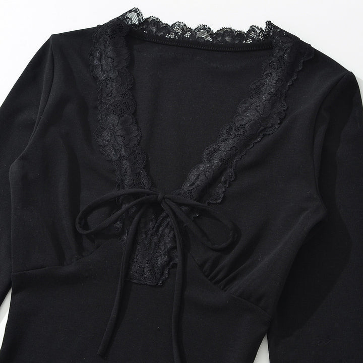 Women's Long Sleeve Shirt with Lace V-Neck and Tie Band Mune Fashion