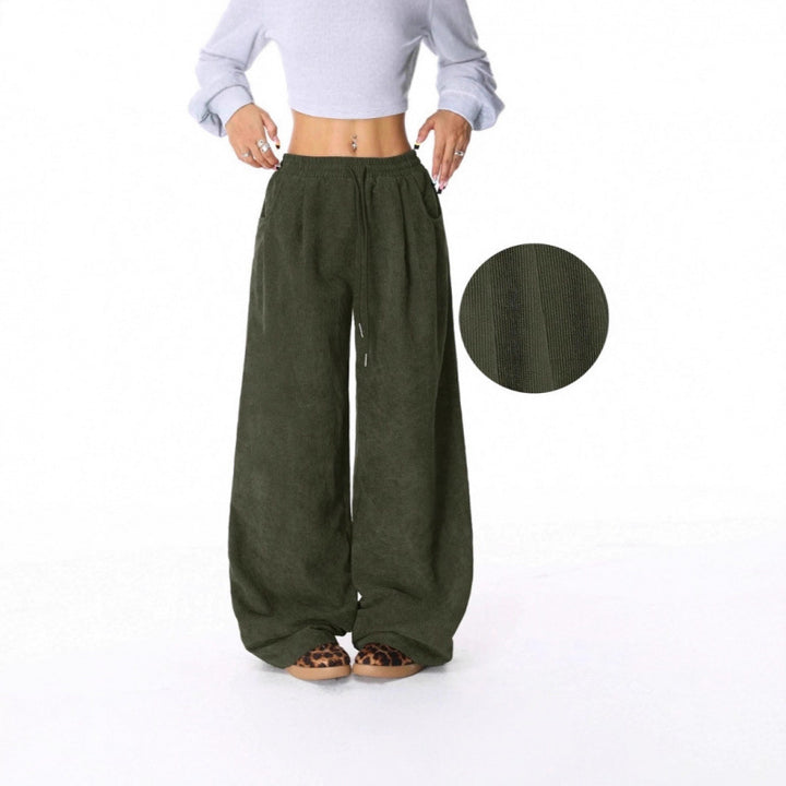 Ladies Wide Cord Pants with High Elastic Waist and Drawstring Mune Fashion