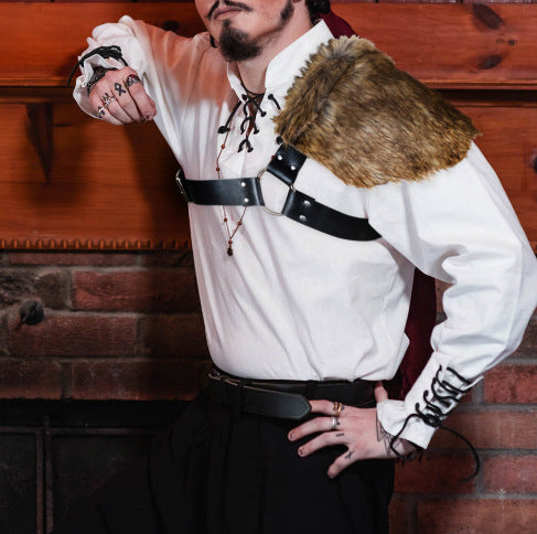 Men's asymmetrical shoulder harness with faux fur shoulder cape and adjustable leather straps Mune Fashion