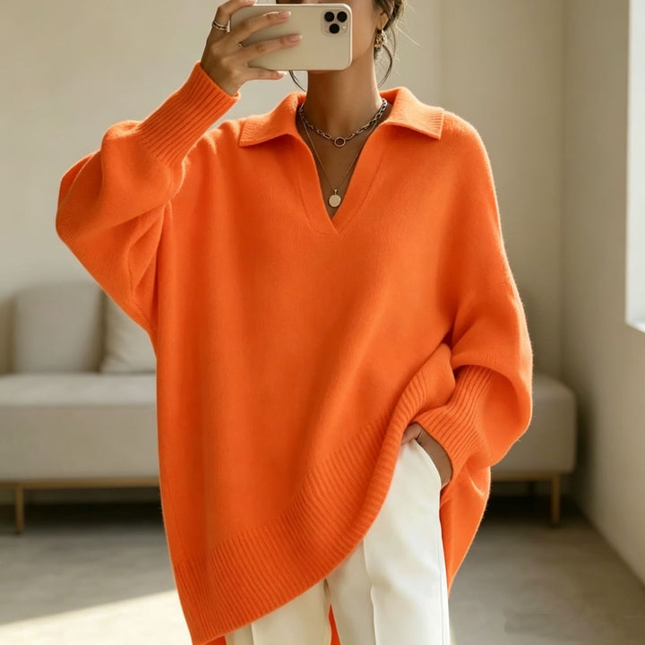 Women Oversize Polo Collar V-Neck Knitted Sweater with Balloon Sleeves Mune Fashion