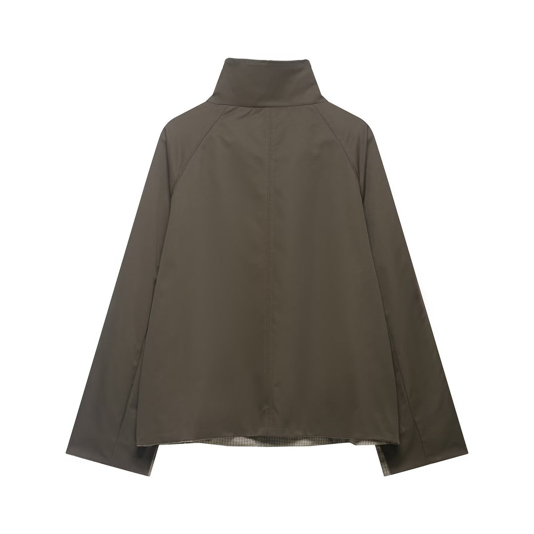 Men's short water-repellent transitional jacket with high stand-up collar, asymmetrical button placket, and raglan sleeves Mune Fashion