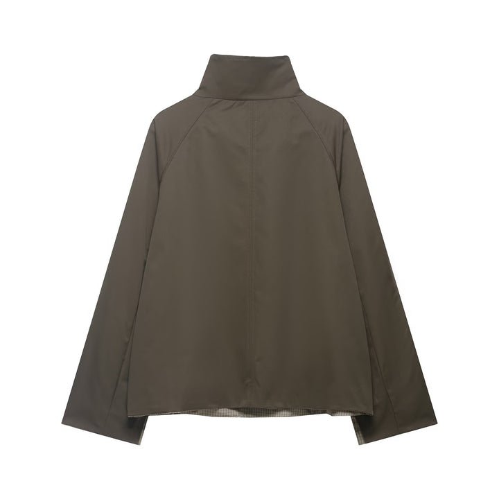 Men's short water-repellent transitional jacket with high stand-up collar, asymmetrical button placket, and raglan sleeves Mune Fashion