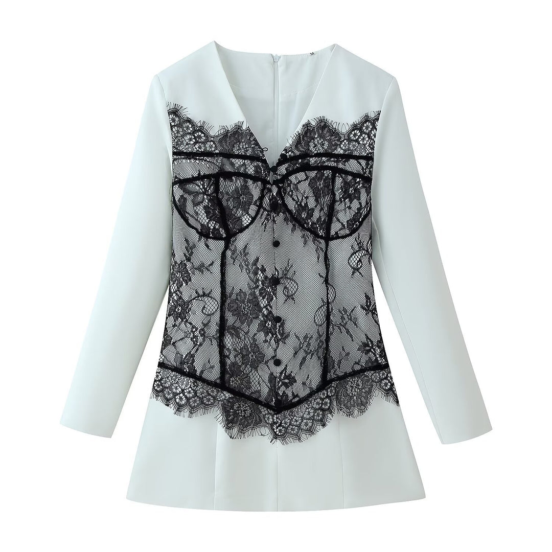 Ladies Elegant Blouse with Lace Corset Application and V-Neck Mune Fashion