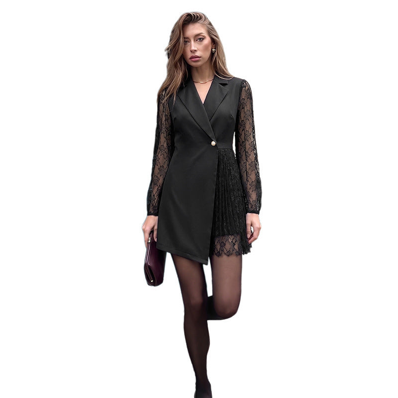Ladies Blazer Dress with Lace Sleeves, Tailored Silhouette and Asymmetrical Hem Mune Fashion