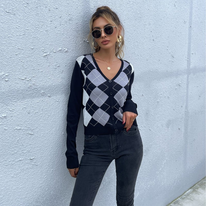 Ladies Patterned V Sweater Mune Fashion