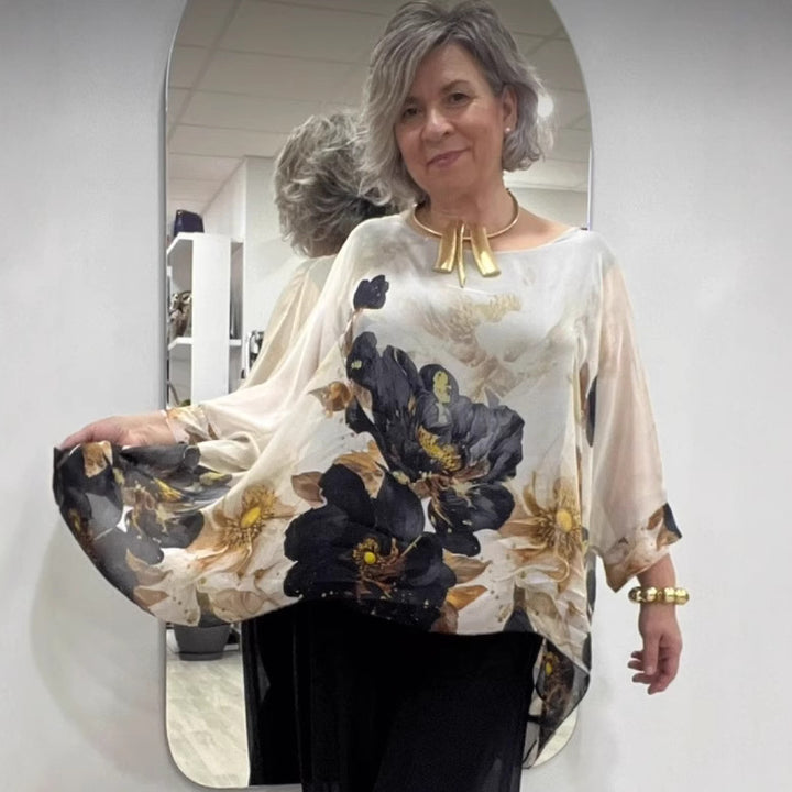 Ladies nan elegant chiffon tunic with bat sleeves and asymmetrical hem Mune Fashion