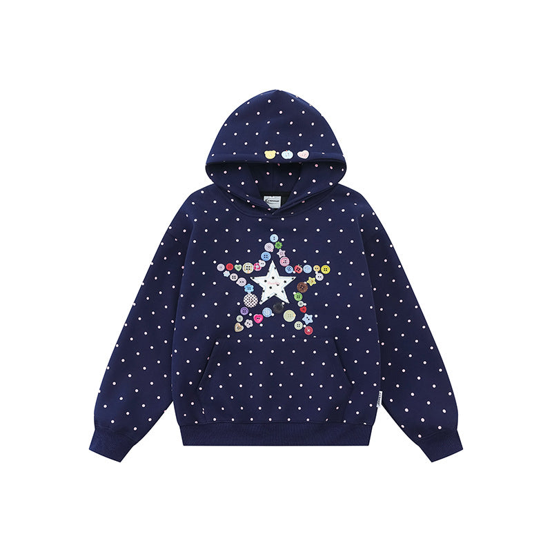 Women's hoodie with button star appliqué, allover polka dot and kangaroo pocket Mune Fashion