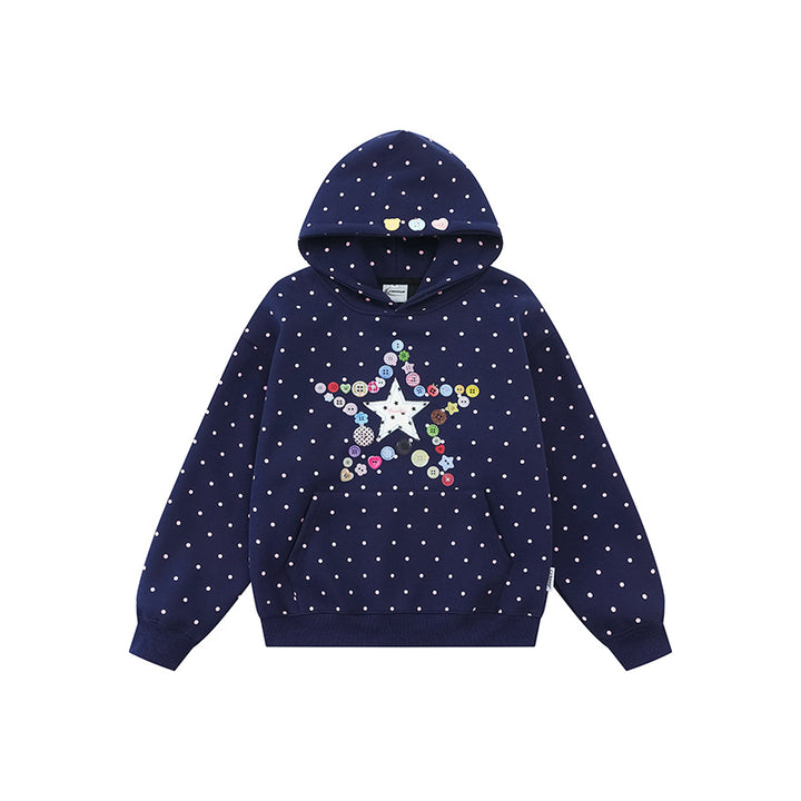 Women's hoodie with button star appliqué, allover polka dot and kangaroo pocket Mune Fashion