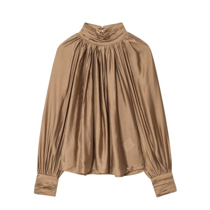 Women 100+ high-neck pleated silk look blouse top with balloon sleeves and cuffs Mune Fashion